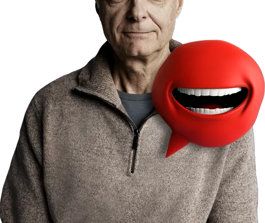 Image of a patient with a cartoon heart valve smiling