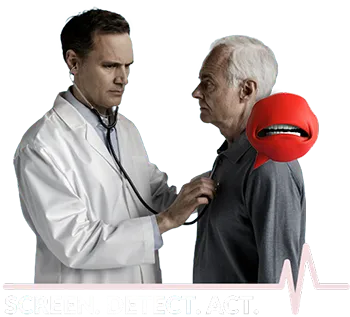 Image of a doctor speaking to a patient with the words Screen. Detect. Act. below
